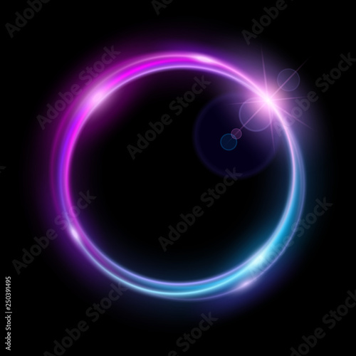Vibrant neon circle with glow. Design element. Colorful round frame for advertising, banner, card with space for text. Abstract luminous background. Vector illustration