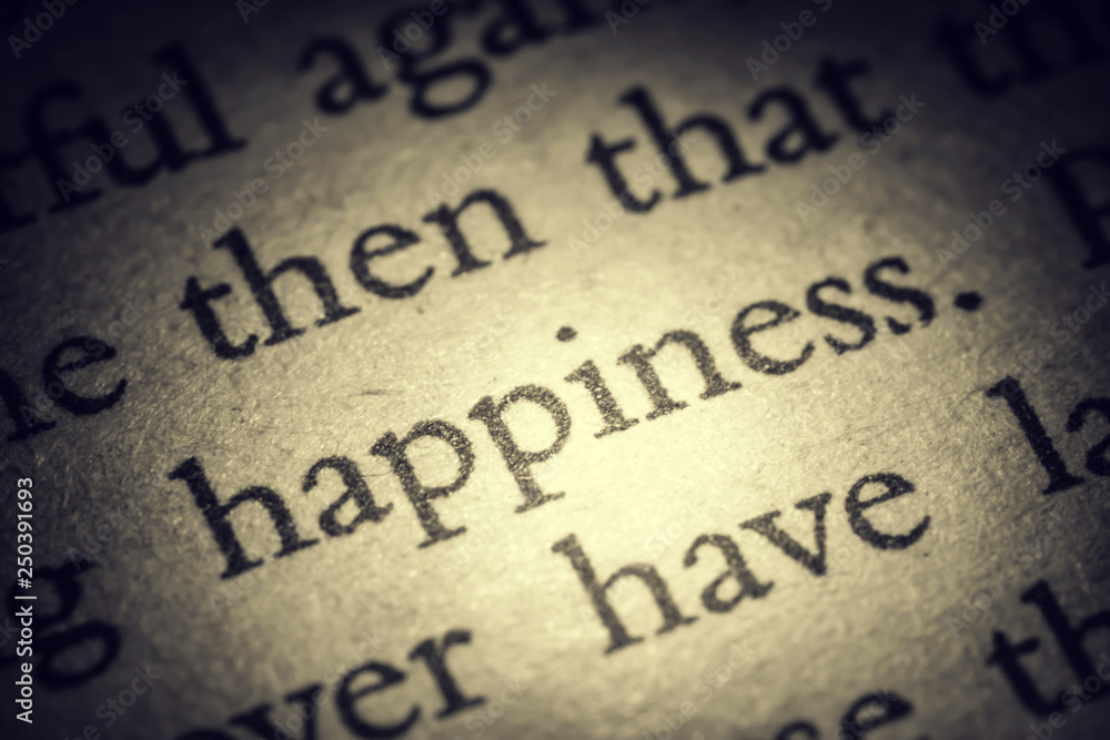 The word happiness on old page in a open book close-up macro. Vintage, grunge, old, retro style photo. The word happiness on old page in a open book close-up macro. Vintage, grunge, old, retro style photo.