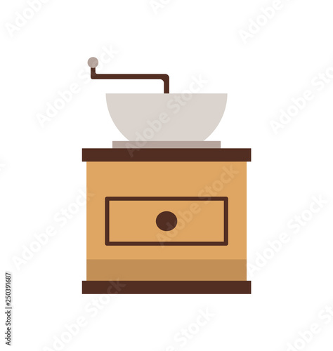 Coffee grinder, mill machine, flat view of manual grinding equipment, brown old-fashioned cafeteria equipment. Object for making drink on white vector