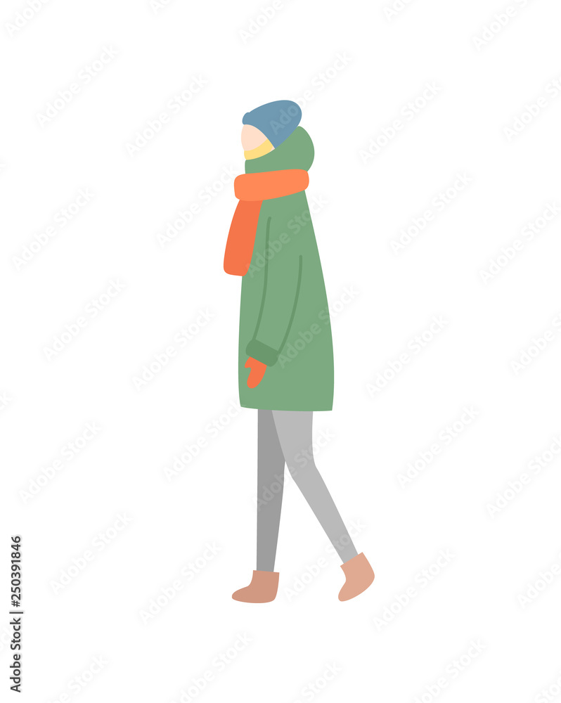 Standing person in jacket with scarf and hat with mittens vector in flat style isolated on white, woman in warm clothes, full length portrait vector