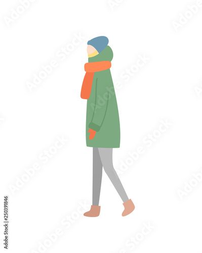 Standing person in jacket with scarf and hat with mittens vector in flat style isolated on white, woman in warm clothes, full length portrait vector