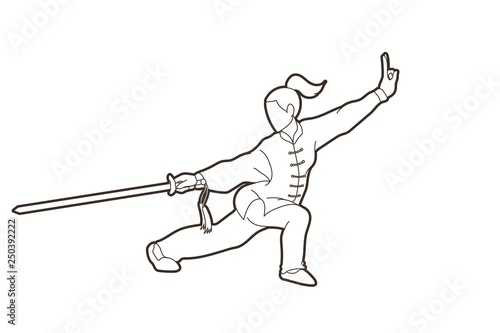 Woman with sword action, Kung Fu pose graphic vector.