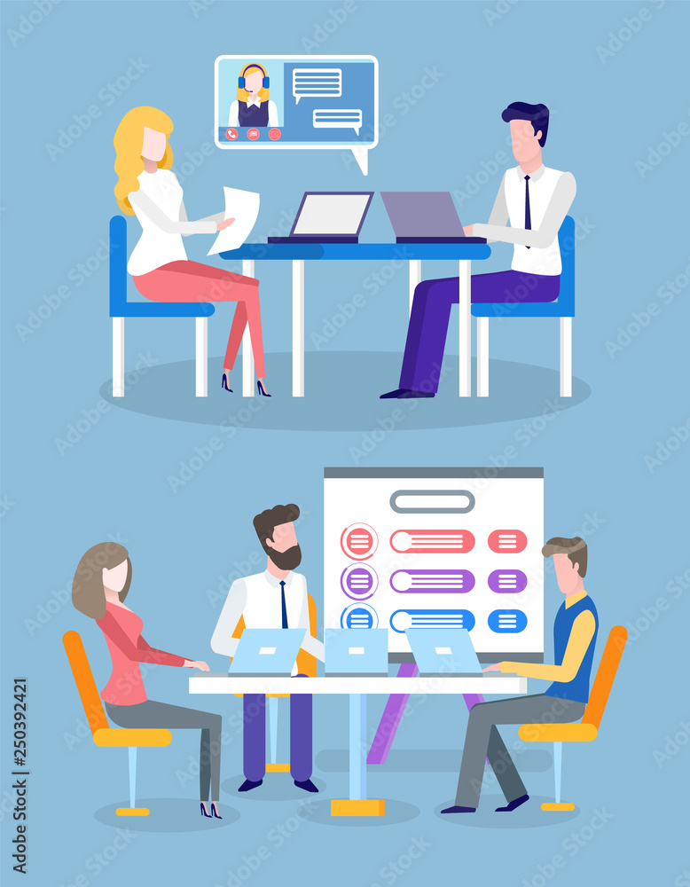 Business project results and infocharts vector. Tables with info, people sitting with laptops, presentation on whiteboard, information in visual form