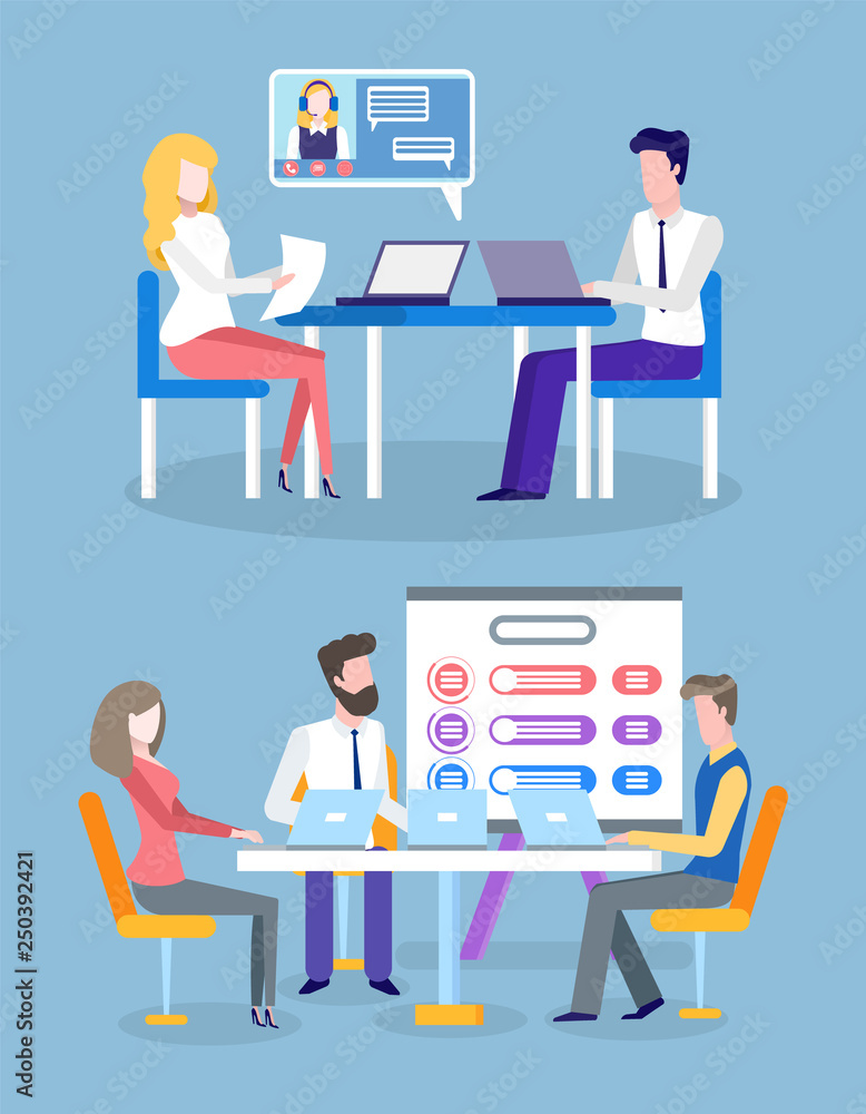 Business project results and infocharts vector. Tables with info, people sitting with laptops, presentation on whiteboard, information in visual form Business project results and infocharts vector. Tables with info, people sitting with laptops, presentation on whiteboard, information in visual form
