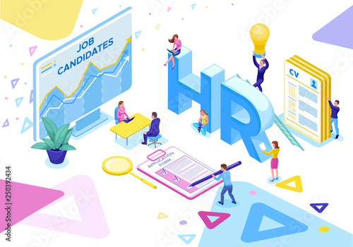 Job agency isometric infographic landing page template with 3d employer hiring talent worker, candidates search work via human resource mobile app, office business people, vector illustration