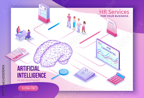 Human resources with artificial intelligence,hr recruiting agency website ui ux template with 3d employer hiring man, job interview, candidate search work, business people, isometric illustration