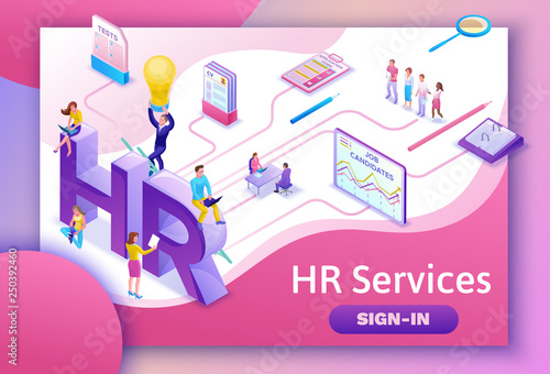 Recruitment agency isometric infographic landing page template with 3d employer hiring talent  worker, candidates search work via human resource mobile app, office business people, vector illustration