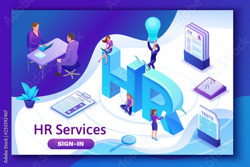 Recruitment agency isometric infographic landing page template with 3d employer hiring talent  worker, candidates search work via human resource mobile app, office business people, vector illustration