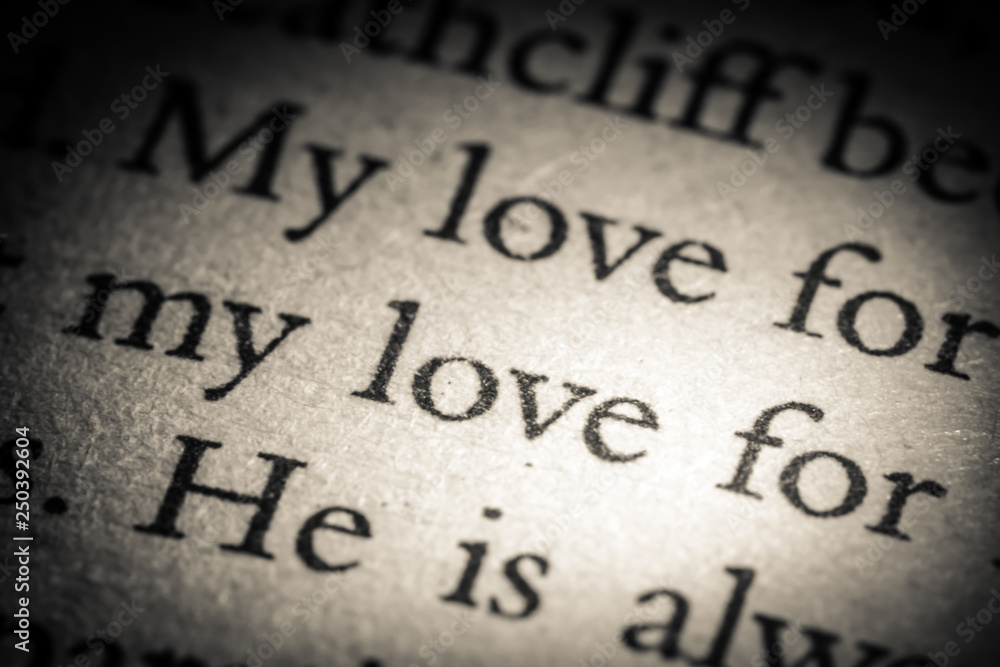The word love on old page in a open book close-up macro. Vintage, grunge, old, retro style photo.