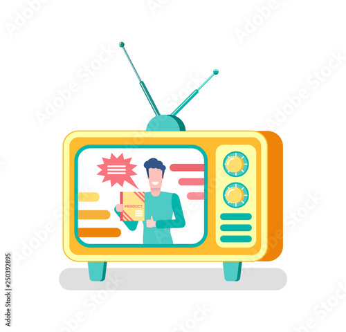 Advertisement on television vector, advertising of products via tv set. Isolated icon of mass media, man with adverts, old fashioned monitor with antenna