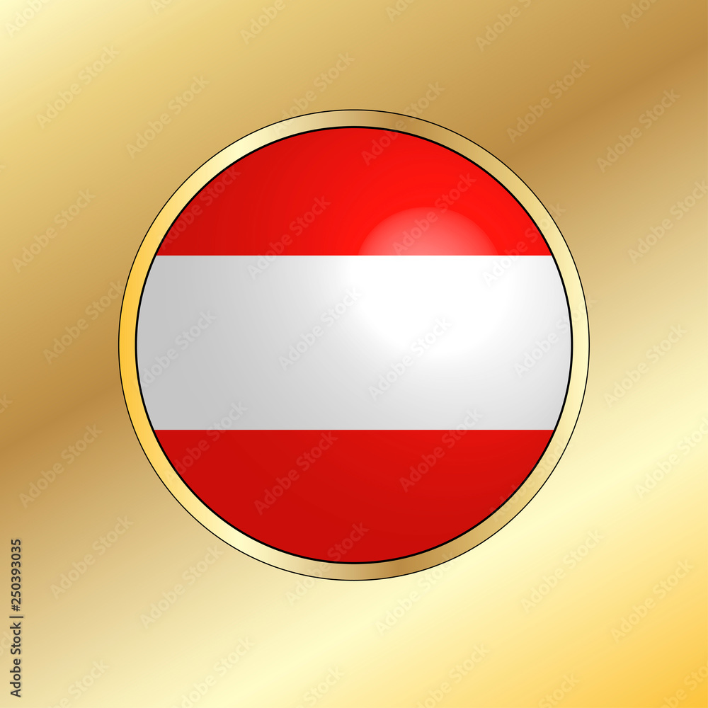 Icon of national flag of Austria, round button with metal golden frame and reflection of light. Beautiful gold background. Editable vector EPS 10 illustration. Icon of national flag of Austria, round button with metal golden frame and reflection of light. Beautiful gold background. Editable vector EPS 10 illustration.