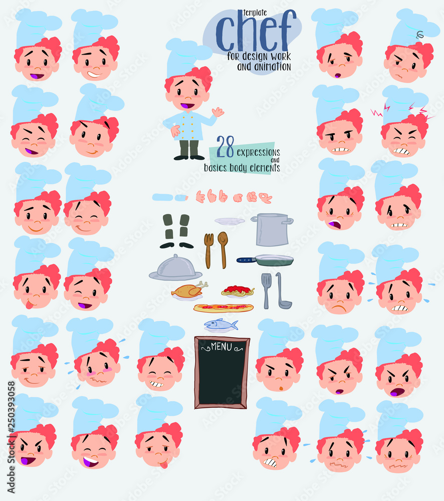 Obraz premium Chef. Twenty eight expressions and basics body elements, template for design work and animation. Vector illustration to Isolated and funny cartoon character.