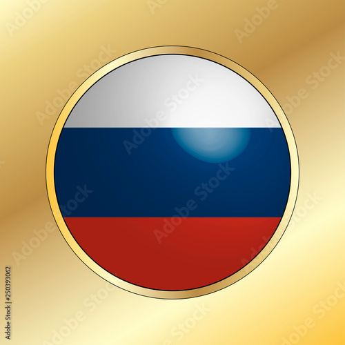 Free Download Icon of national flag of Russia, round button with metal golden frame and reflection of light. Beautiful gold background. Editable vector EPS 10 illustration. - GFXLoad