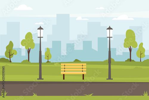Public park vector flat illustration. Spring landscape city park bench in outdoor. Public park outdoor with cityscape background. Vector illustration