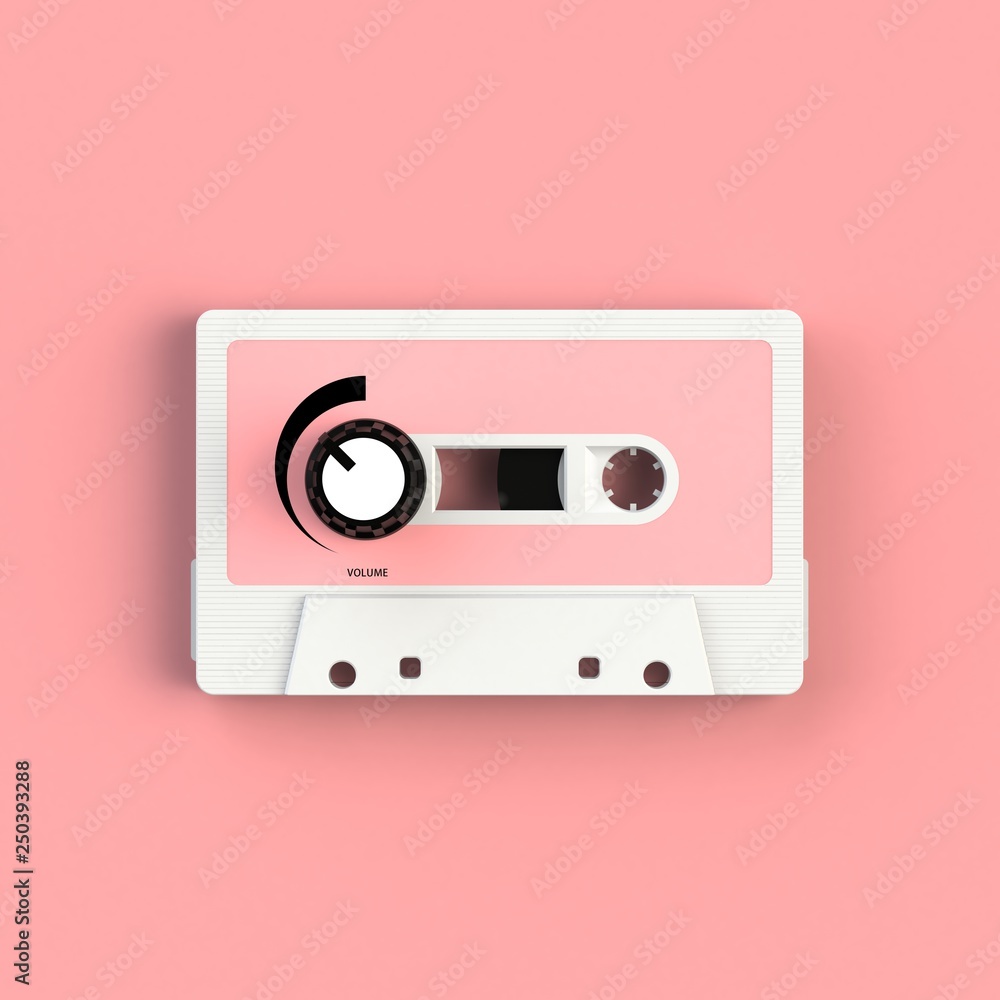 Close up of vintage audio tape cassette with volume knob concept illustration on pink background, Top view with copy space, 3d rendering