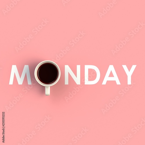 Top view of a cup of coffee in the form of monday isolated on pink background, Coffee concept illustration, 3d rendering photo