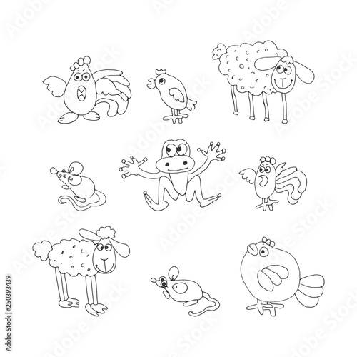 Animals and birds by hand drawn doodle set. Rooster, chicken, sheep, frog, mouse. Black and white contour isolated vector illustration. photo