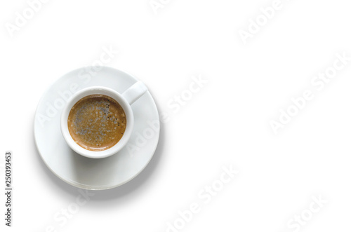 Isolated cup of coffee on a white background. Flat lay  top view  copy space.