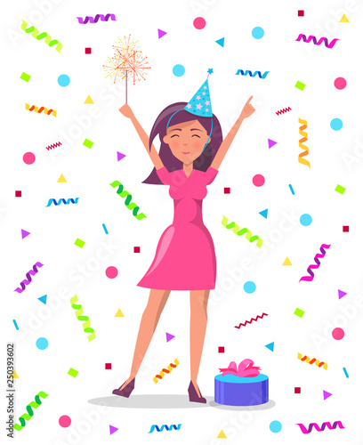 Woman with sparkler, on backdrop of confetti and tinsel celebrating birthday party. Girl in pink dress with hands up, present gift box decorated by bow vector
