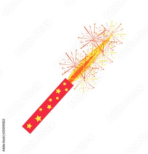 Bengal light holiday celebration vector, party decoration isolated icon. Firework with holder and flames, closeup of sparkler with shining sparkles