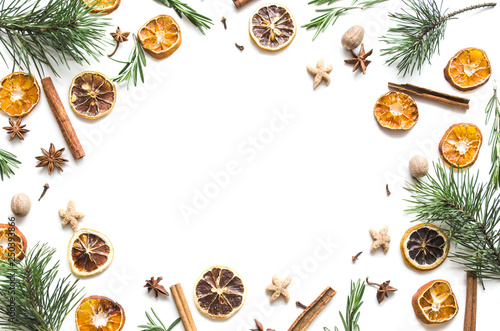 Christmas drink mulled wine. Ingredients of a hot delicious drink. Christmas or New Year. Flat lay  top view  copy space   mock-up