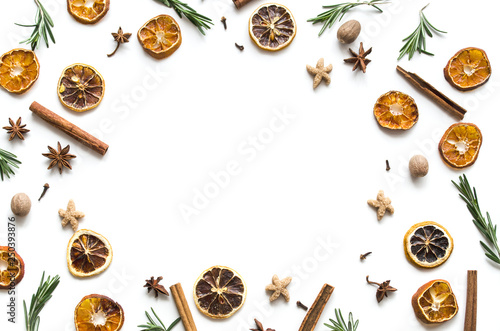 Christmas drink mulled wine. Ingredients of a hot delicious drink. Christmas or New Year. Flat lay, top view, copy space, mock-up
