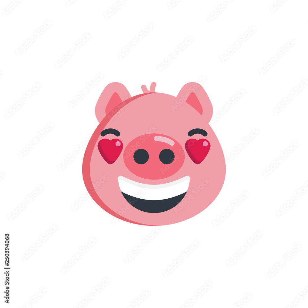 Fototapeta premium Smiling piggy face with heart eyes emoticon flat icon, vector sign, colorful pictogram isolated on white. Piggy in love emoji symbol, logo illustration. Flat style design