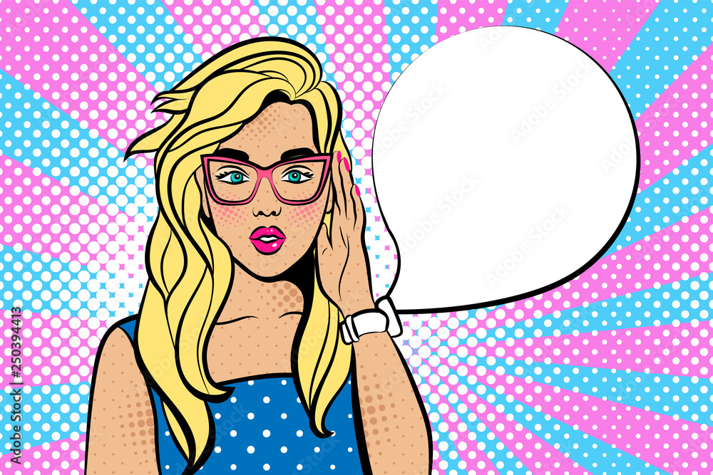 Surprised young woman in hipster glasses. Advertising Pop Art poster or party invitation with sexy club girl with the speech bubble. in comic style. - Illustration