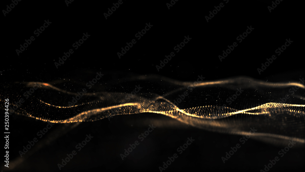 Abstract Black and Gold Color Digital Particles Wave With Bokeh Background