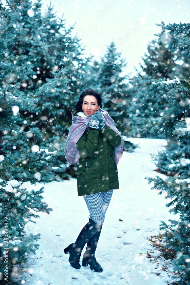 beautiful woman is in winter forest, green fir trees with snow beautiful woman is in winter forest, green fir trees with snow
