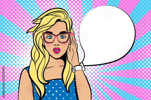 Surprised young woman in hipster glasses. Advertising Pop Art poster or party invitation with sexy club girl with the speech bubble. in comic style. - Illustration