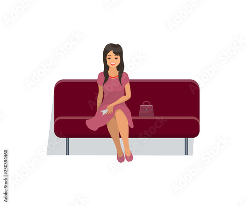 Woman sitting on velvet sofa in gentle pink dress and waiting for movie seance start. Vector isolated cartoon character sitting on couch, bag and red necklace