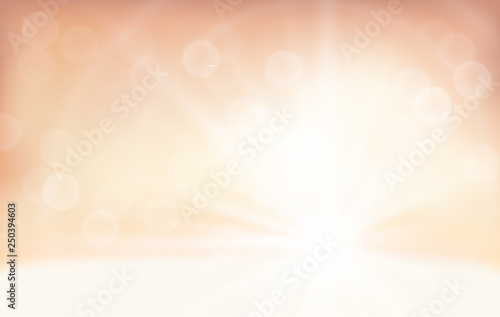 Abstract beige vector defocused banner with dots and white beam of light. Nude skin color background with sun rays and bokeh, mockup, template for design