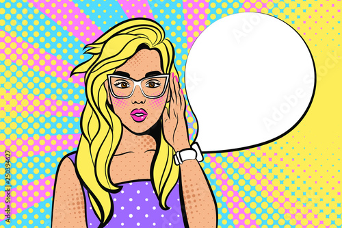 Surprised young woman in hipster glasses. Advertising Pop Art poster or party invitation with sexy club girl with open mouth in comic style. - Illustration