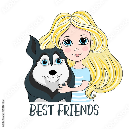 Cute girl and Husky dog vector illustration