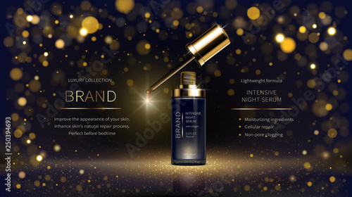 Night intensively revitalizing facial serum realistic vector ads poster. Glass bottle with dripping pipette and golden oil drop on dark background with glowing bokeh. Mock up for glossy magazine
