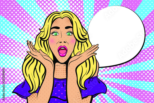 Sexy woman with wide open eyes and mouth and rising hands. Vector background in comic style retro pop art. Girl with the speech bubble. Advertising Pop Art poster or invitation to a party. Face close-