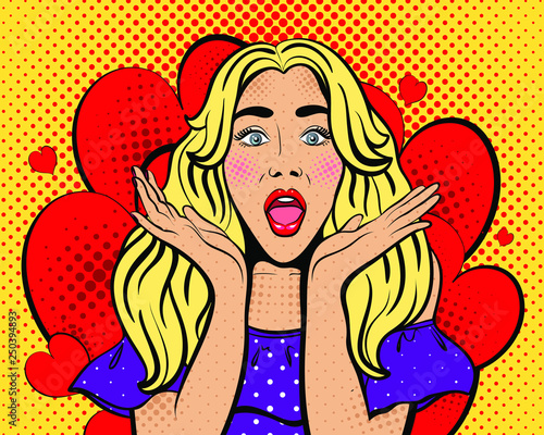 Sexy woman with wide open eyes and mouth and rising hands. Vector background in comic style retro pop art. Girl with the speech bubble. Advertising Pop Art poster or invitation to a party. Face close-