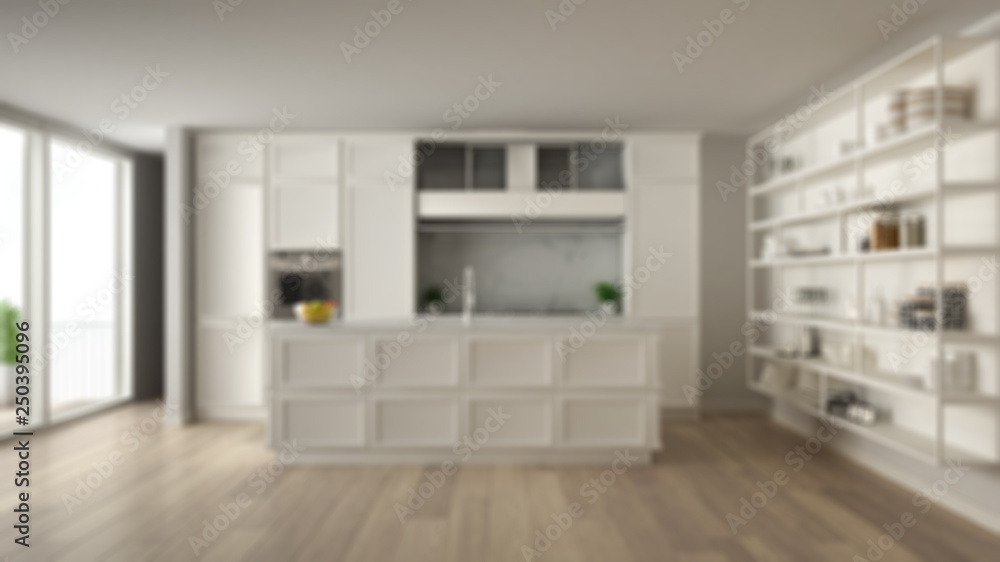 Blur background interior design, classic kitchen in modern apartment with parquet floor, vintage retro architecture open space living room concept idea Blur background interior design, classic kitchen in modern apartment with parquet floor, vintage retro architecture open space living room concept idea
