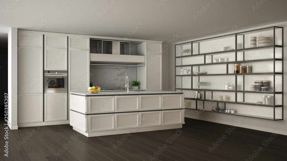 Classic white kitchen in modern open space with parquet floor and big shelving system with decors, island and accessories, minimalist contemporary interior design Classic white kitchen in modern open space with parquet floor and big shelving system with decors, island and accessories, minimalist contemporary interior design