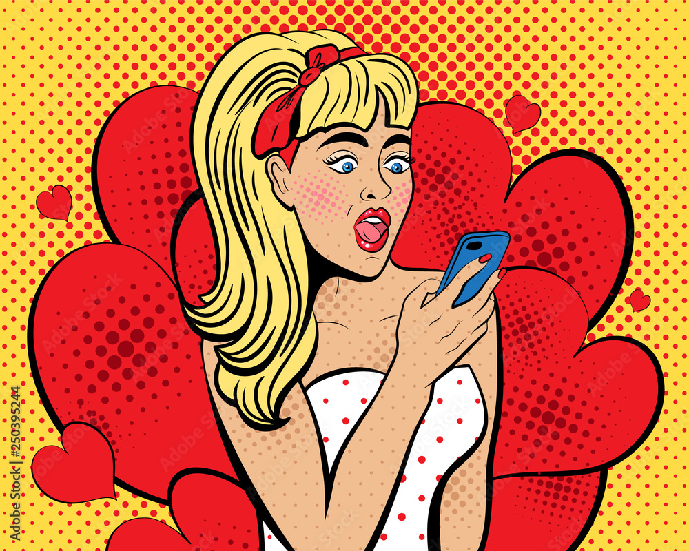 Attractive sexy girl with open eyes and mouth, with phone in the hand in  comic style. Pop art woman holding smartphone. Digital advertisement female  model reading the message. Vector Illustration. foto de