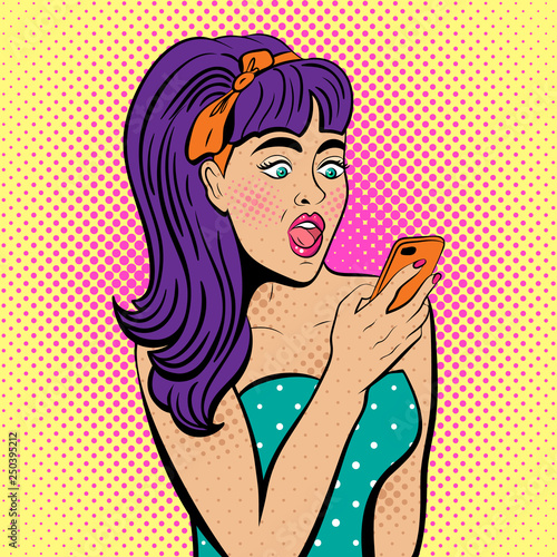 Attractive sexy girl with open eyes and mouth  with phone in the hand in comic style. Pop art woman holding smartphone. Digital advertisement female model reading the message. Vector Illustration.