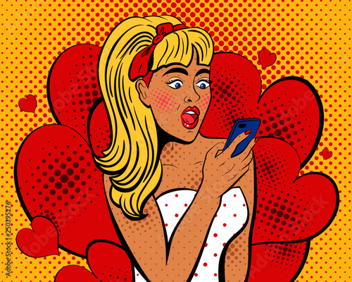 Attractive sexy girl with wide open eyes and mouth  with phone in the hand in comic style. Pop art woman holding smartphone. Digital advertisement female model reading the message. Vector Illustration