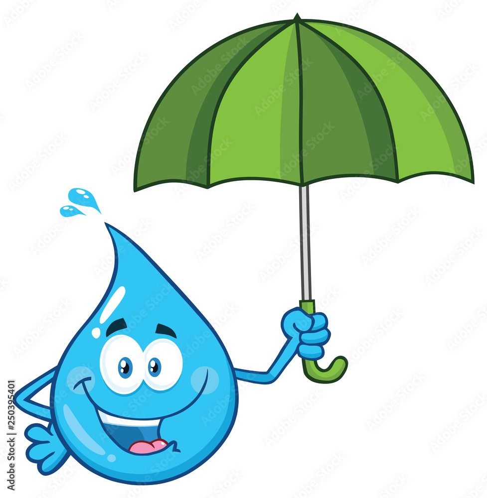 Blue Water Drop Cartoon Character Holding An Umbrella. Vector