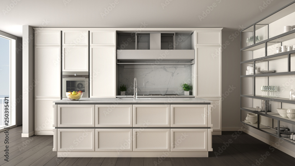 Classic white kitchen in modern open space with parquet floor and big panoramic window with balcony, island and accessories, minimalist contemporary interior design Classic white kitchen in modern open space with parquet floor and big panoramic window with balcony, island and accessories, minimalist contemporary interior design