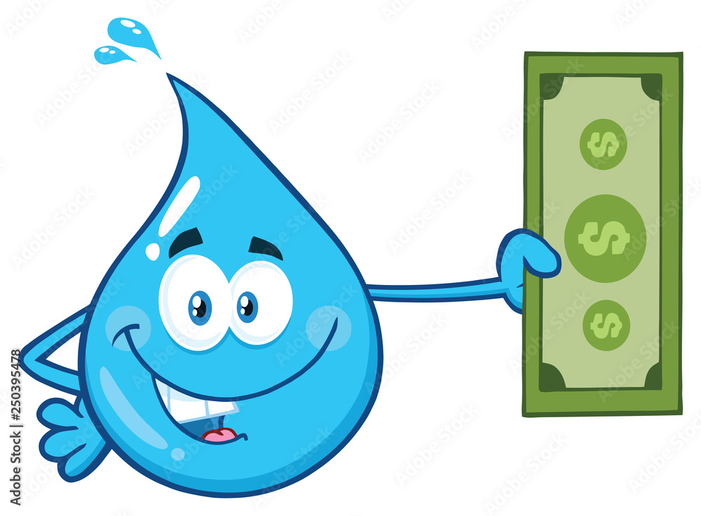 Blue Water Drop Cartoon Character Holding A Dollar Bill. Vector Illustration Isolated On Transparent Background Blue Water Drop Cartoon Character Holding A Dollar Bill. Vector Illustration Isolated On Transparent Background