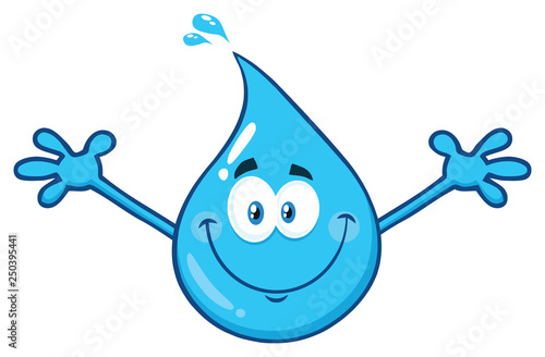 Cute Blue Water Drop Cartoon Character With Open Arms. Vector Illustration Isolated On Transparent Background