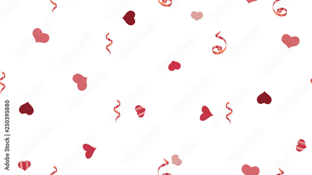 Vector Seamless Pattern on a White fond. Flying Red confetti. The foundation of packaging, textiles, wallpaper, banner, printing. Light Pattern of Hearts and Serpentine.