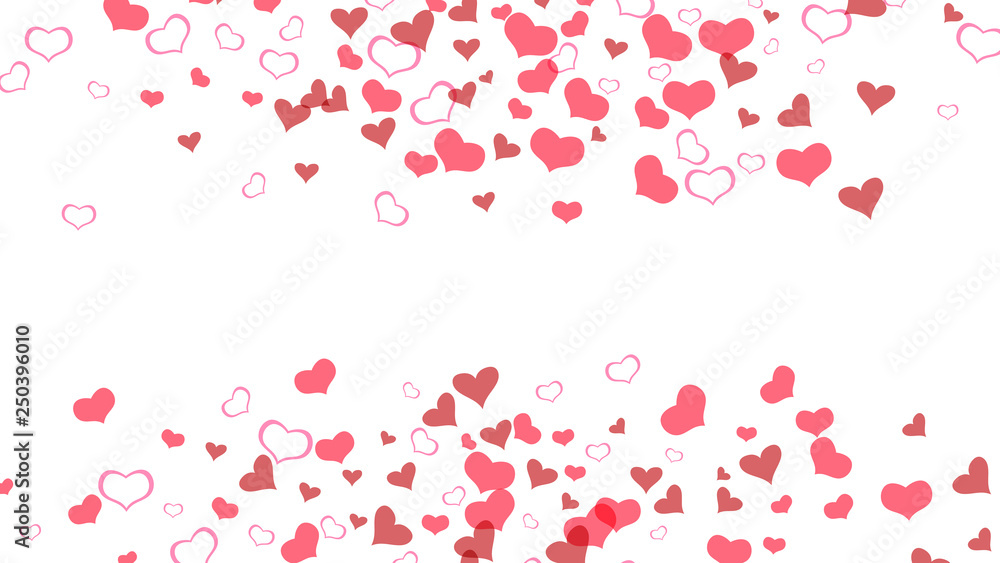 Red hearts of confetti are flying. Stylish background. Red on White background Vector. Part of the design of wallpaper, textiles, packaging, printing, holiday invitation for birthday. Red hearts of confetti are flying. Stylish background. Red on White background Vector. Part of the design of wallpaper, textiles, packaging, printing, holiday invitation for birthday.