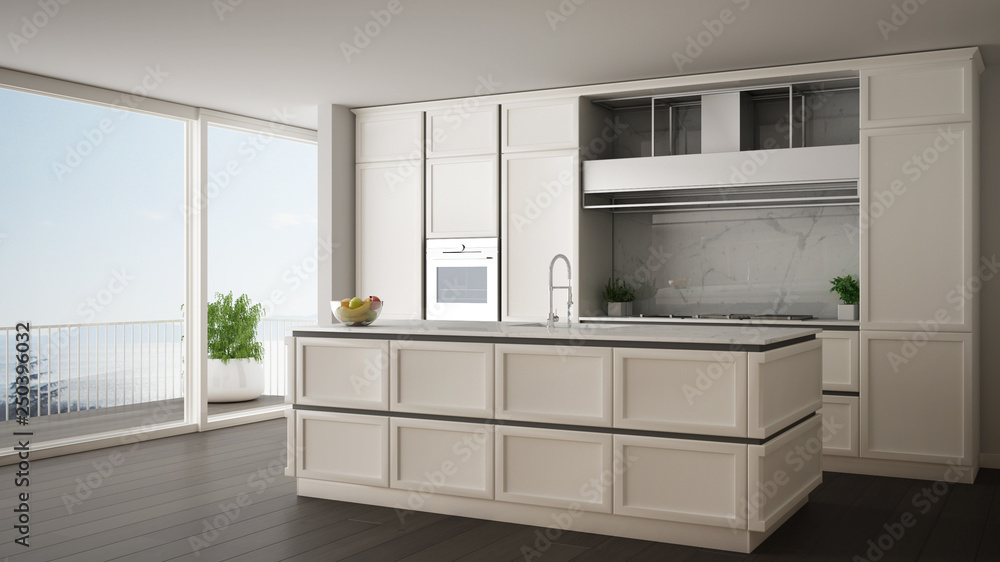 Classic white kitchen in modern open space with parquet floor and big panoramic window with balcony on sea landscape, island and accessories, minimalist contemporary interior design Classic white kitchen in modern open space with parquet floor and big panoramic window with balcony on sea landscape, island and accessories, minimalist contemporary interior design